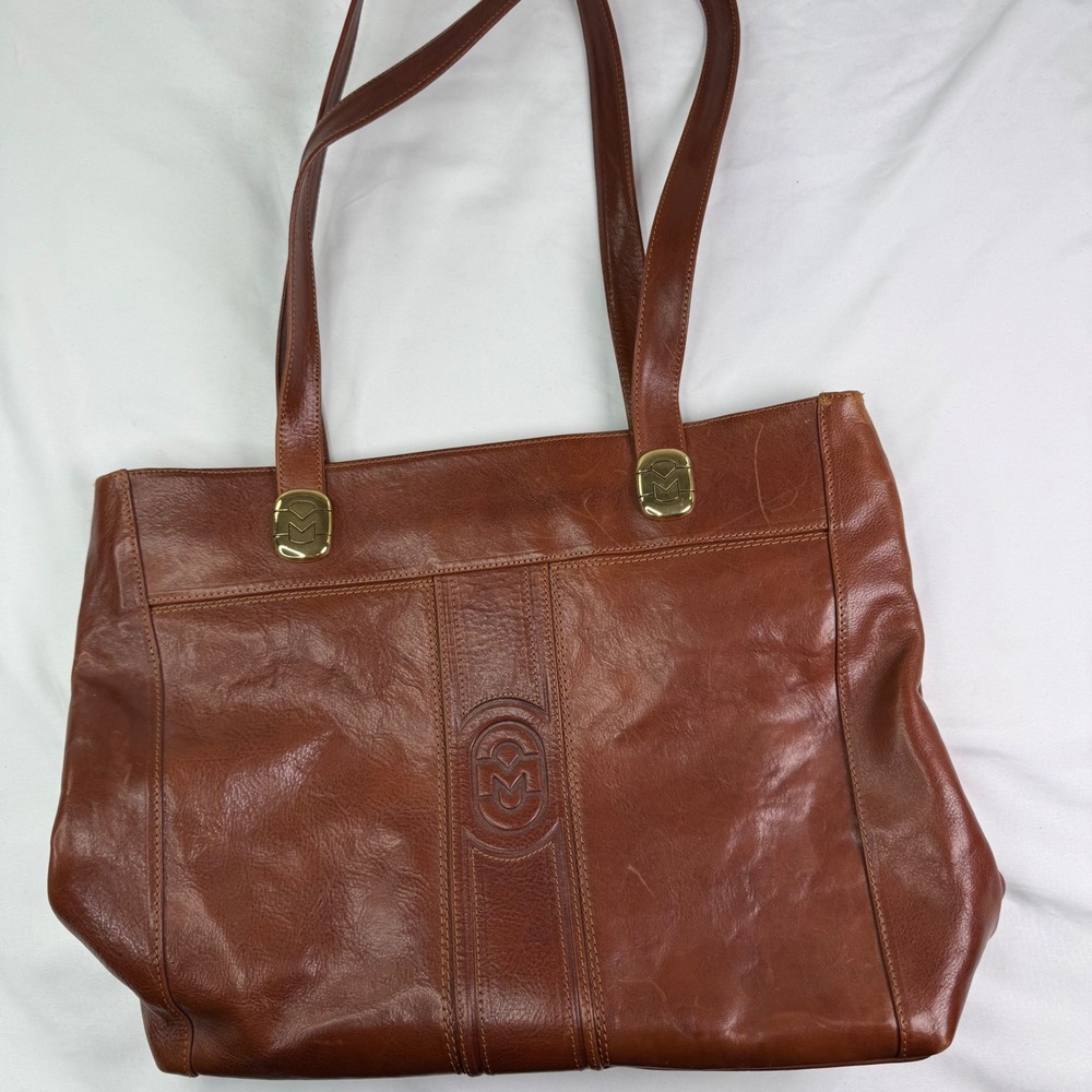 Marino Orlandi Brown Leather Tote Bag Made in Italy Gold Hardware Plaid Lining